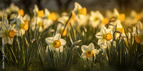 Yellow Daffodil in the growing spring grass, Saint David's Day, Dewi Day, flower of Wales, in soft golden sun