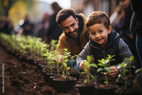 Young Muslims plant community trees, vibrating colors and connection., generative IA
