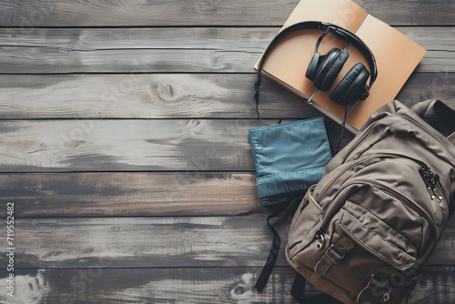 Traveler's Flat Lay with Backpack, Headphones, and Guidebook, Rustic Wooden Background, Copyspace, Backdrop