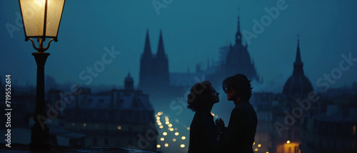 moonlit rooftop in an old European city. Two lovers, a tearful reunion, their silhouettes barely visible against the backdrop of gothic spires. 