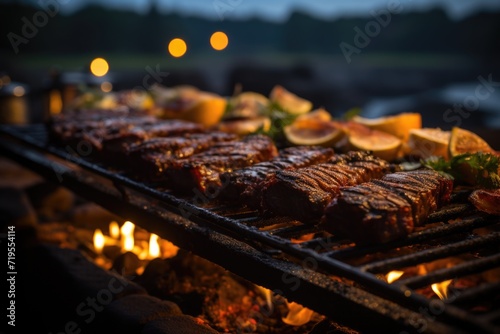 Picanha juicy on the grill, in a barbecue by the lake with fire and friends having fun., generative IA