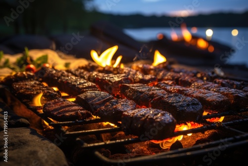Picanha juicy on the grill, in a barbecue by the lake with fire and friends having fun., generative IA