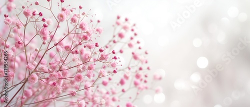 Pink elegant baby breathe blooming flowers, gypsophila with blurred background for elegant, romantic floral cards. Celebrate season, wedding, spring, love. Elegant, luxury, card, banner, web.