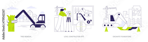 Excavation works at construction site abstract concept vector illustrations.