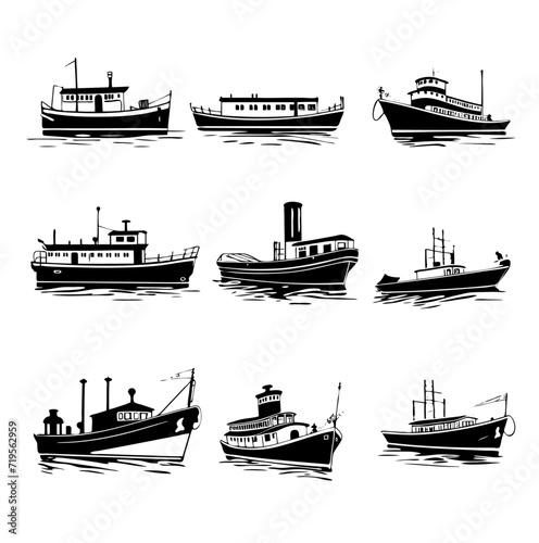 9 Steam Ship Vector Silhouettes Stamps
