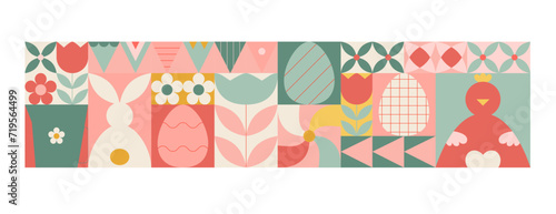 Abstract easter geometric banner, wall art. Cute happy easter vector poster with bright bunny, egg, spring tulip.
