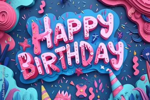 happy birthday illustration on blue background Generative AI
