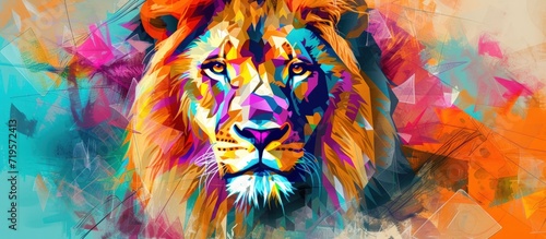 Abstract Hand drawn digital painting of lion animal with colorful geometric shapes. Generated AI
