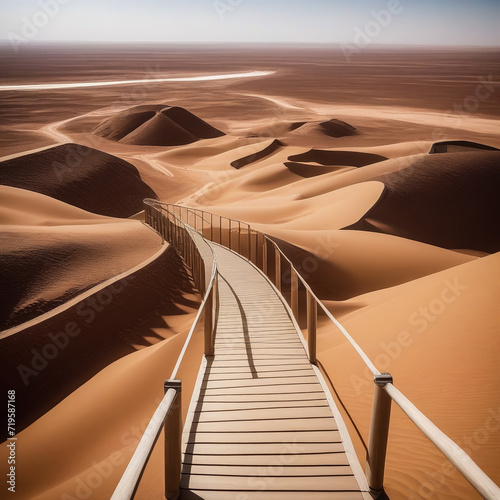 Photography of Chebika mountain oasis in Sahara desert with bridge railing, sunny summertime day. View of oasis in North Africa, Atlas mountains, Tozeur, Tunisia. Geology trip concept. Copy text space