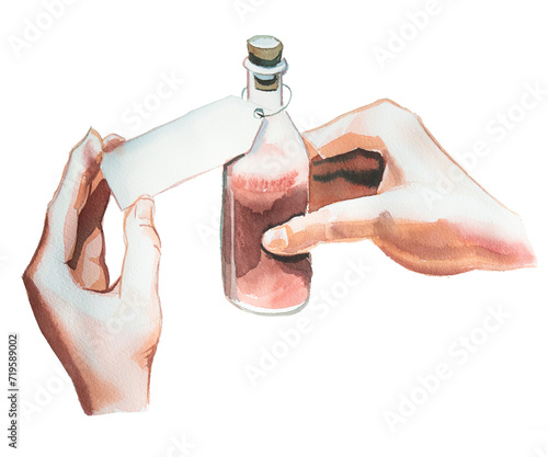 Hands with a small bottke with tag illustration.Waterolor hand drawn hands holding a potion design. Fantasy book cover art. Watercolor artwork.