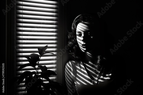 Black and white portrait photograph of a woman next to a window with closed blinds, contrasting lights and darks. From the series “Art Film - Black and White," "The Lovely Ladies," "Trouble."