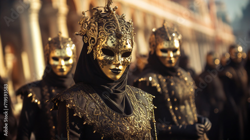 Women are wearing Venetian beautiful mask and costume in evening at carnival event.