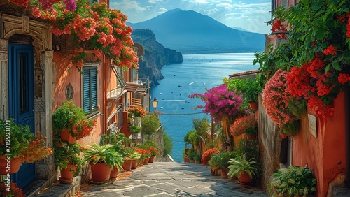Amalfi coast look-like landscape, Italian town on the sea, terraced houses decorated with flowers. Mediterranean travel concept