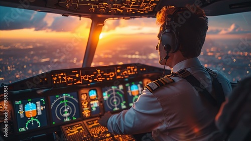 Pilot in airplane cabin gets ready for landing. Beautiful sunset on horizon