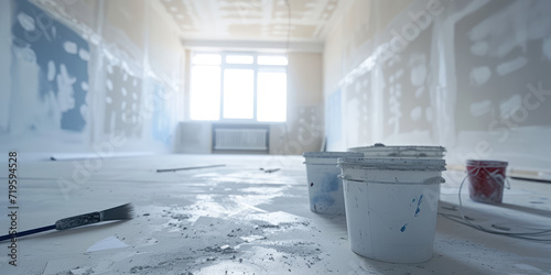 An empty, minimal white sunny room in which repairs are being made. Paint cans, stepladder, building supplies. Creative concept for residential and commercial renovations. Copy space. 