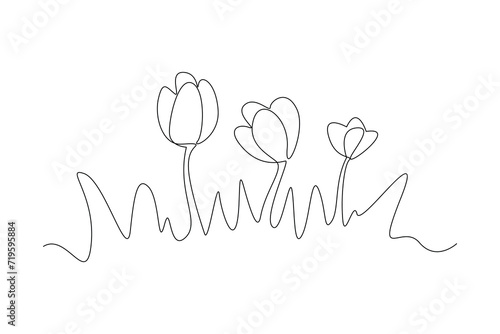 Single one line drawing of dancing flowers in gardwen, watering houseplants growing in greenhouse with watering can. Continuous line draw design graphic vector illustration
