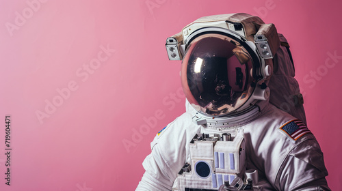 Astronaut in spacesuit on pink background space travel concept