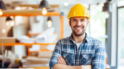 Smiling Construction Worker With Yellow Helmet Standing Confidently in a Bright Workshop