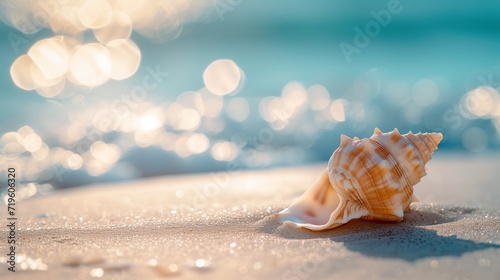 Golden Hour Conch on Sandy Beach with Copyspace