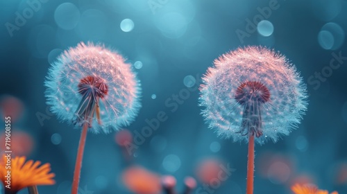  a couple of dandelions sitting on top of a field of green and yellow flowers in front of a blue and black background with a blurry light in the middle.