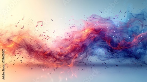  colorful smoke and music notes on a white and blue background with a light blue background and a red and orange smoke and music notes on the left side of the image.