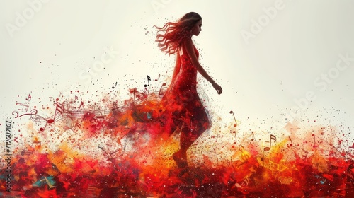  a woman in a red dress is walking through a field of red and orange flowers with music notes all over her body and her body, and her hair blowing in the wind.