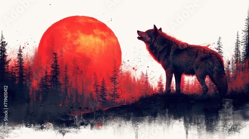 a painting of a wolf standing on a hill with a red sun in the background and trees in the foreground, and a red moon in the middle of the background.