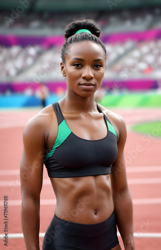 Female african american athlete in stadium track. Portrait of an olympic atlhete lady