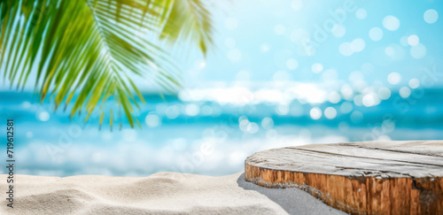Summer product display on wooden podium at sea bokeh tropical beach. sandy beach with Palm trees and turquoise sea background, close up. Vacation concept