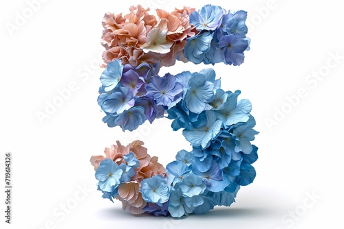 3d modern style floral number five made from flowers, isolated on a white background