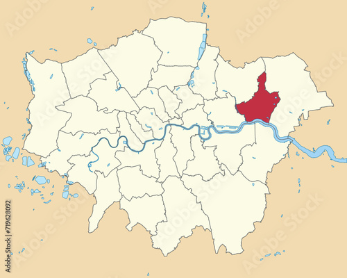 Red flat blank highlighted location map of the BOROUGH OF BARKING AND DAGENHAM inside beige administrative local authority districts map of London, England