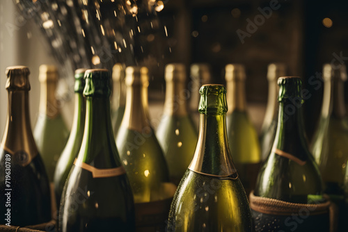 Champagne bottles turning during fermentation, close up
