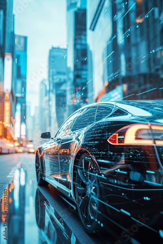 Double exposure of an electric car in a futuristic city