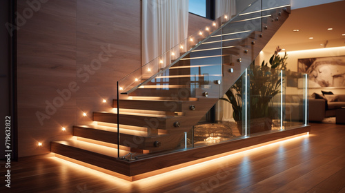 A modern wooden staircase with glass railings, discreet LED strip lighting under the handrails adding a chic touch in a contemporary environment.