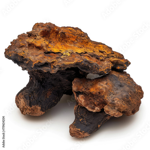  Chaga mushroom on the white background. The pathogen of white heartwood rot. The chaga is an ancient medical and folk remedy.
