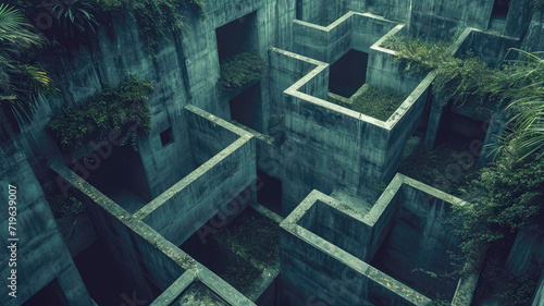 Dark old concrete 3D maze, vintage surreal labyrinth like surreal residential building. Concept of puzzle, problem, uncertainty, illustration, strategy, travel, wall and solution