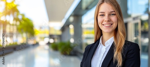 Beautiful young business woman outdoors with blurred defocused business center background