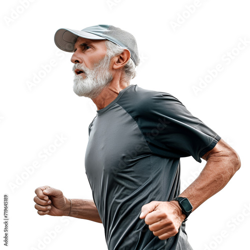 Aging man running for health and longevity, Isolated on Transparent Background, PNG