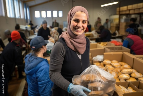 Portrait of smiling muslim woman holding box with bread in warehouse