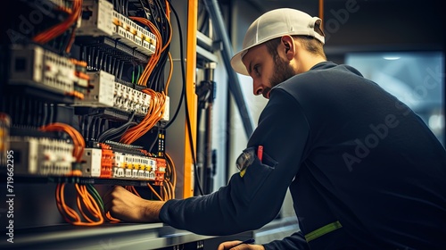 Professional Electrician: A skilled male electrician working in a switchboard with precision and focus