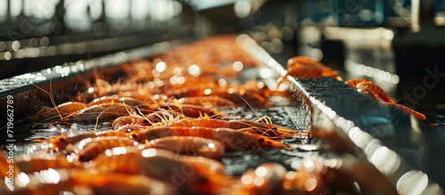 Quality inspection of farmed shrimp on a conveyor of a shellfish and pranws production plant. Copy space image. Place for adding text