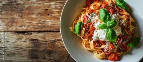 Pasta Alla Norma Delicious Sicilian pasta dish with roasted eggplant marinara tomato sauce grated ricotta and fresh basil served in a white ceramic bowl Wooden table selective focus vertical