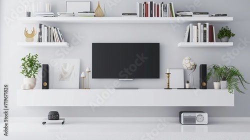 Minimalist modern white TV shelf with books , decorations and sound system. Rich vector graphic template