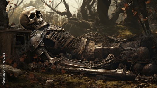 skeleton resting beside an ancient grave, Generative AI