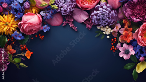 scattered spring flowers on dark blue color background, top view with copy space