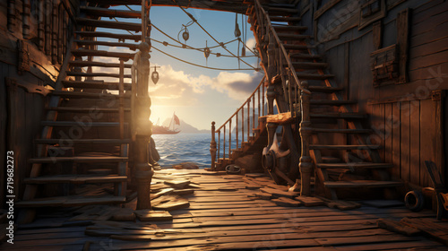 Deck of a pirate ship with a door to the captains side