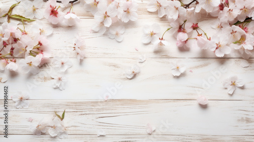 rustic white wooden table top with spring Japanese flowers, copy space