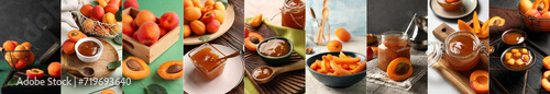 Set of sweet apricot jam on table