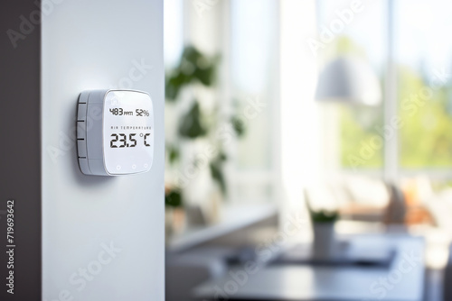 Digital electronic thermostat showing CO2 levels, temperature, and humidity on a home wall for air quality monitoring. Concept of smart home technology for everyday comfort living and domestic life