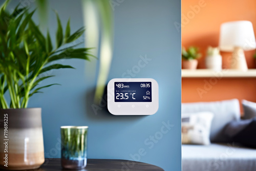A touchscreen thermostat with air quality and temperature control system installed on a blue home wall. Smart home technology enhancing daily comfort and domestic living